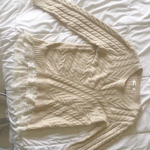 Moneteau Cable Knit Sweater w/ Lace Bottom